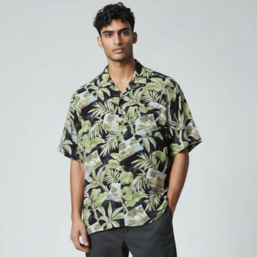 Campia Mens Hawaiian Aloha Shirt Black‎ Palm Tree Tropical Scene Size L